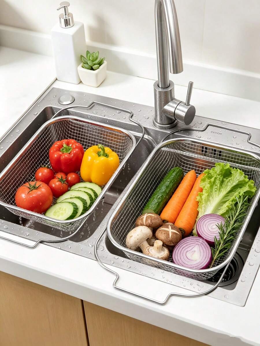 Stainless Steel Expandable Over Sink Drain Basket, Two Sizes, Adjustable Kitchen Colander Strainer For Fruits Vegetables Dishes, Multifunctional Sink Drying Rack,Vegetable Washing Basket, Dish Drying Basket, Kitchen Sink Accessories
