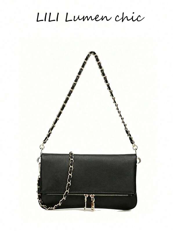 Solid PU Shoulder Bag, Dual Gold Zipper Rectangular Mini Crossbody Bag With Detachable Metal Chain Strap For Dating Daily Outfits