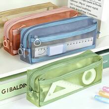 2/1 Cute Morandi Plaid Transparent Double Layer Pencil Case, Large Capacity Mesh Stationery Storage Bag With Handle And Zipper, Portable Travel Makeup Bag, Suitable For Adults, School, Office, Back To School Essential - Square - View 1