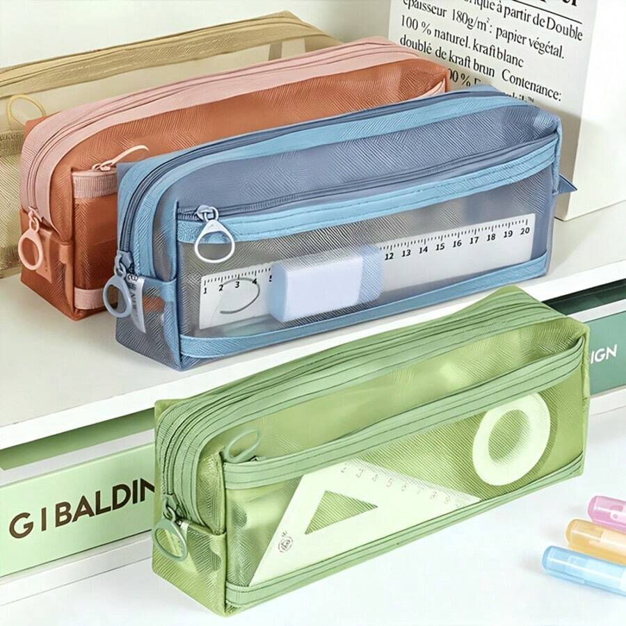 2/1 Cute Morandi Plaid Transparent Double Layer Pencil Case, Large Capacity Mesh Stationery Storage Bag With Handle And Zipper, Portable Travel Makeup Bag, Suitable For Adults, School, Office, Back To School Essential - Square - View 1