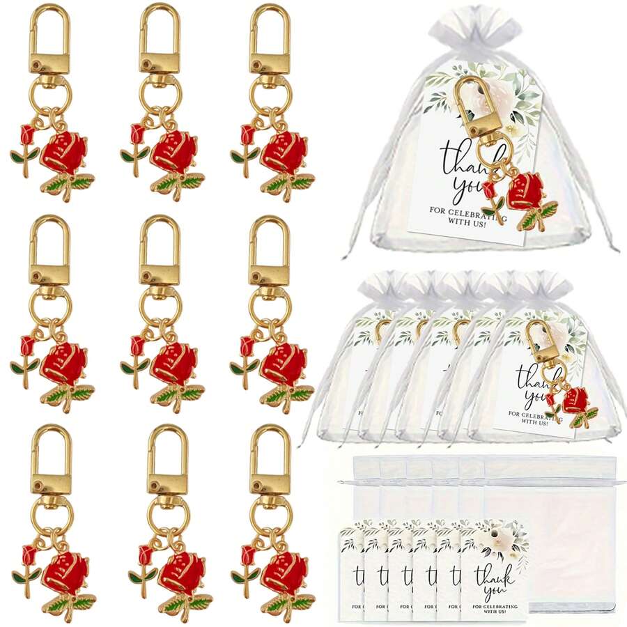 30pcs/10sets-18pcs/6sets Exquisite Red Rose Keychain Set - Suitable For Bag Decoration, Key Pendant, Wedding Bridesmaid Gift, Birthday, Graduation, Back To School, Christmas, Thanksgiving Gift And Holiday Party Gift