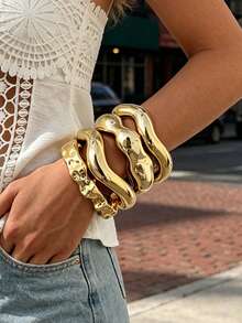 8/4/1pc Bohemian Style CCB Twisted Gold Wide Cuff Bracelet Set, Suitable For Women's Daily Wear, Gatherings, Beach Vacation And Party, Gift - Gold - View 5