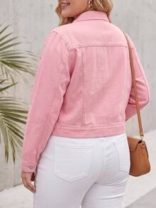 Traceable Cotton Flap Pocket Classic Plus Size Denim Jacket Casual Pink - Pink - View 5