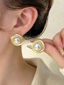 5 pares/1 par de pendientes de botón elegantes para mujer, serie de flores con perlas falsas, estilo hada, juego de pendientes a juego para uso diario casual - Dorado - Ver 4