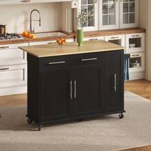 Flieks Kitchen Island With Drop Leaf, Storage Trolley With 3-Tier Pull-Out Cabinet Organizer, Internal Storage Rack, Rolling Cart With Towel Holder & 2 Drawers For Dining Room - Black - View 2
