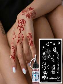 STARTTOOS 2PCS(Tattoo Stencil + Tattoo Dye) Hollow Floral Butterfly Feather Word Phrase Pattern Nail Art Tattoo, Suitable For Hands, DIY Painting, Ink, Reusable Mehndi Design Stencil Ink - Red - View 1