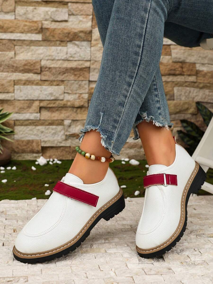1 Pair Vintage Colorblock Hook & Loop Loafers For Women, Spring/Autumn New Round Toe Versatile Casual Commute Leather Shoes - White - View 1