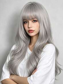 28 Inch Long Fashionable Party Women's Wig, Curly Wig With Bangs, Suitable For All Women's Daily Wear And Party Occasions - Grey - View 2