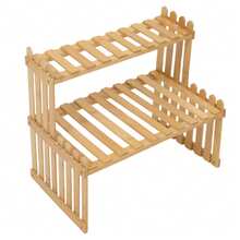 LIVINGANDHOME 2-Tier Tabletop Bamboo Plant Shelf, Desktop Flower Stand, Mini Potted Plant Rack, Succulent Display Holder, Countertop Plant Organizer, Natural Wood Adjustable Slatted Bamboo Rack With Anti-Slip Fence For Small Succulent Greenery Decor - Natural Wood Finish - View 5