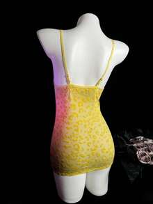 Vestido lencería sexy mini ajustado de malla transparente con estampado de leopardo - Amarillo - Ver 3