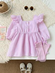 Baby Girl Pink & White Striped Dress, Square Neck Ruffle Flutter Puff Long Sleeve, Large Bow Design On Chest, Loose Pleated Cake Skirt, Matching Bow Knee-High Socks, Sweet Fresh Princess Style, Spring/Autumn New, Suitable For Daily Wear, Birthday Photo Outfits, Popular In Europe, America, Middle East, Ins Style Gentle Chic Baby Clothes - Pink - View 3