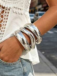 3/1pc Elegant Casual Silver CCB Wide Open Cuff Bracelet Set, Suitable For Women's Daily Wear, Gatherings, Beach Vacations And Parties, Gift - Silver - View 2
