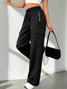 [Fashion Multi-Pocket] 女款工裝褲－寬鬆休閒款，附拉鍊口袋，多功能運動工裝褲 - 黑色 - 查看 2