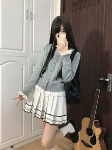 Cardigan Rajut Renda Lembut Gaya Korea yang Imut dengan Leher Bulat - Grey - View 4