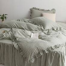 Sage Green Gingham Duvet Cover King, 3-Piece Ruffled Bedding Set - 100% Washed Cotton, Breathable Lightweight Fabric - Farmhouse Boho Chic Variant 1 - 002 Ruffle- Green Gingham - View 1