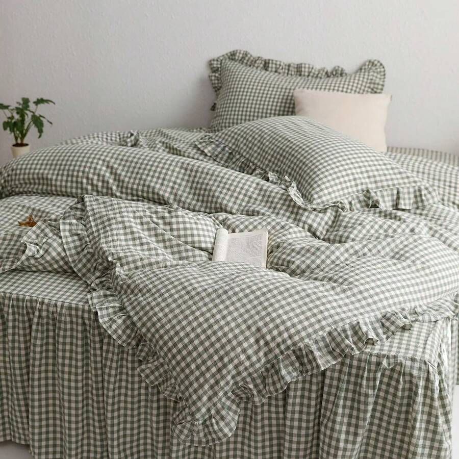 Sage Green Gingham Duvet Cover King, 3-Piece Ruffled Bedding Set - 100% Washed Cotton, Breathable Lightweight Fabric - Farmhouse Boho Chic Variant 1 - 002 Ruffle- Green Gingham - View 1