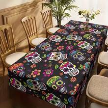 1pc Colorful Calavera Sugar Skull Tropical Floral Print Vintage Tablecloth, Durable Wrinkle-Free Fade-Resistant, Mexican Day Of The Dead Theme Party, Latin Style Festival Fair, Market Stall Commercial Use Essential Colorful Sugar Skull Rectangular Tablecloth, Day Of The Dead Family Dinner, Halloween Daily Gathering Universal - Multicolor - View 12