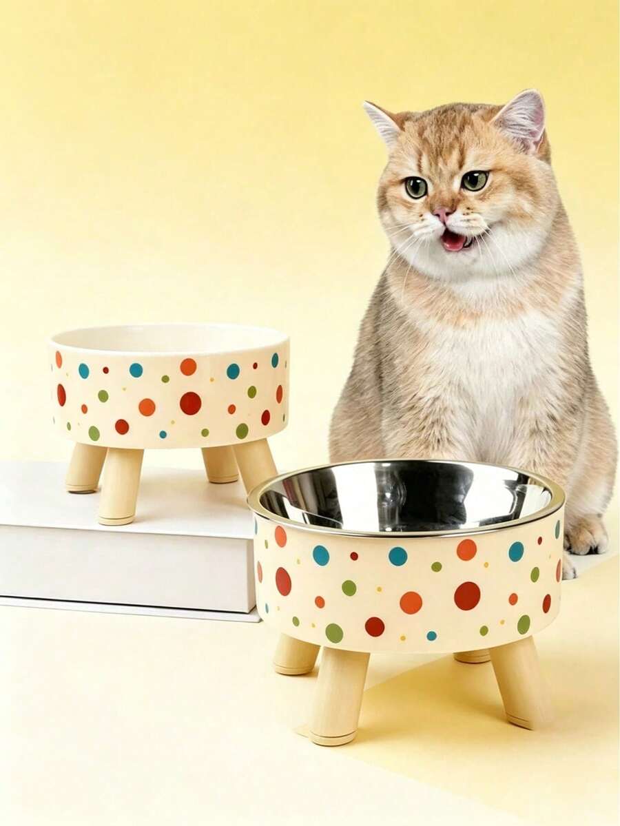 Colorful Polka Dot Stainless Steel Cat Bowl With Removable Stand, Easy To Clean Non-Slip Pet Food And Water Bowl, Suitable For Small Dogs And Cats, Pet Supplies - Large Capacity - View 1