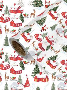 1 Roll Of Christmas Gift Wrapping Paper Featuring Santa Claus, House, And Christmas Tree Patterns;Perfect For Christmas Gift Wrapping,Holiday Party Decor,Home Festive Decoration,DIY Craft,Festive Favour Wrapping Dimensions: 43 Cm X 300 Cm. - A - View 1