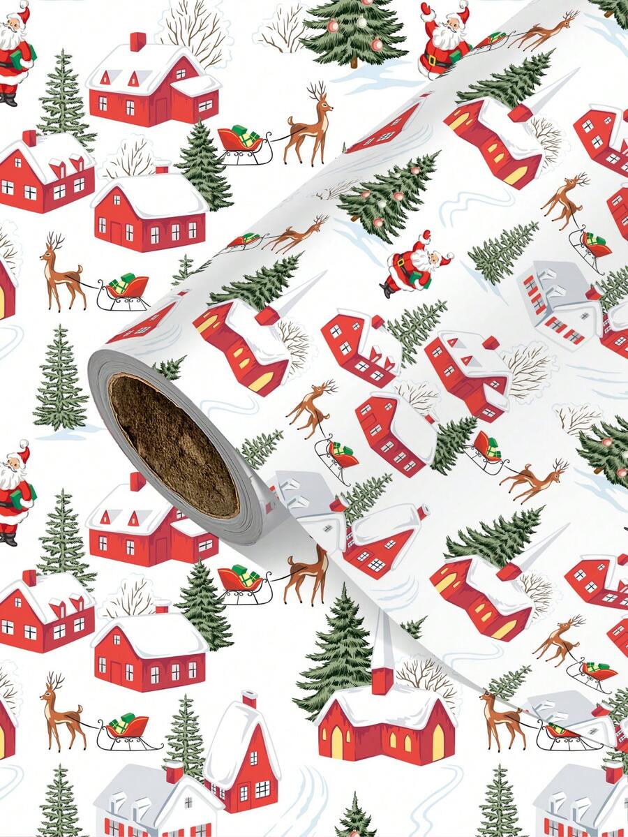 1 Roll Of Christmas Gift Wrapping Paper Featuring Santa Claus, House, And Christmas Tree Patterns;Perfect For Christmas Gift Wrapping,Holiday Party Decor,Home Festive Decoration,DIY Craft,Festive Favour Wrapping Dimensions: 43 Cm X 300 Cm. - A - View 1