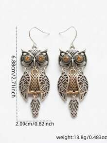 1 Pair Dual-Tone Vintage Hollow Owl Dangle Earrings, Decorated With Antique Silver & Gold Hollow Wings Pendant, Paired With Champagne Crystal Eyes, Suitable For Witchy Bohemian Style Jewelry, Perfect As Gifts For Women During Halloween, Thanksgiving, Christmas - Antique Silver - View 5