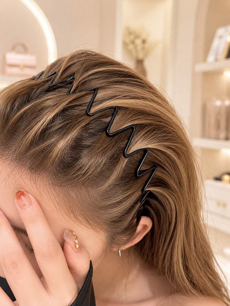 1pc Women's Wavy Face Wash Headband, Casual Hair Hoop, Black Hair Accessory - Black - View 1