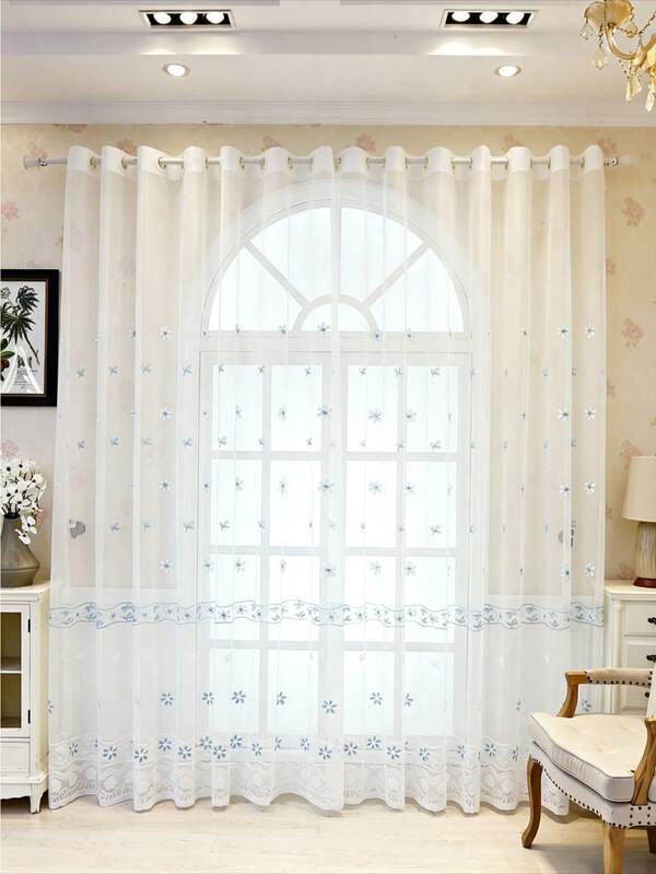 1PC Perforated Floral Pattern Sheer Curtain, Nordic Pastoral Style Floral Embroidery Embroidered Translucent Partition Decorative Curtain Suitable For Living Room, Bedroom, Dining Room