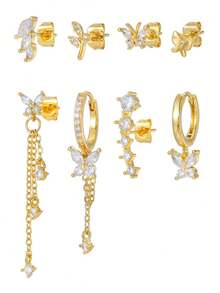 8pcs Elegant Earring Sets Earrings Stack Golden Silvery Butterfly Chain Tassel Zirconia Hoop Stud Stack Party Daily Wear Gifts - Earring Set - View 9