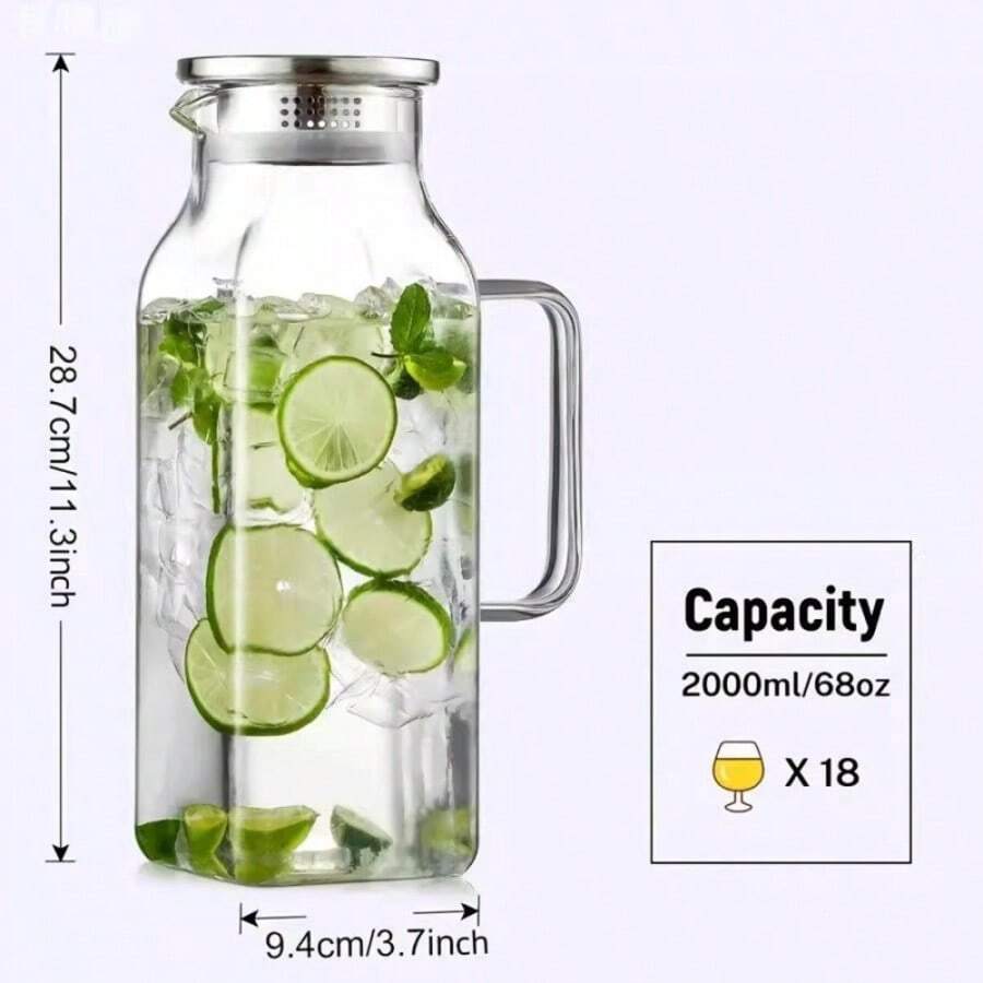 1pc 2L/68oz Square Glass Pitcher With Lid And Handle, For Refrigerator, Iced Tea And Coffee Pot Beverage Dispenser, Heat-Resistant Borosilicate Glass For Hot And Cold Drinks And Milk Jug - Multicolor - View 1