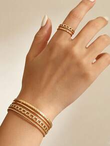 MONALLY 18K Gold Plated Minimalist Premium Hammered Hollow Chain Stainless Steel Open Adjustable Bracelet & Ring Jewelry Set For Women, Commute, Gift, Versatile Accessory - Jewelry Set - View 2