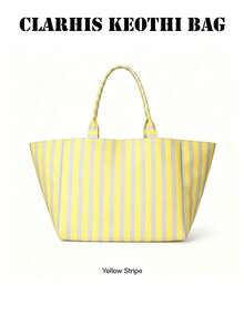 Tas Tote Kanvas Garis Vertikal Blok Warna, Pilihan Warna Beragam, Tas Bahu Genggam Kapasitas Besar untuk Belanja Sehari-hari dan Perjalanan Pantai - MultiWarna - View 8