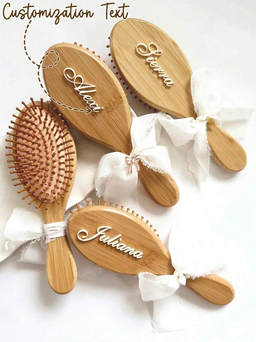 1pc Personalized Bamboo Hair Comb With Name Engraved, Anti-Static Hair Brush, Portable Hair Accessories, Wedding Anniversary Birthday Gift, Bridesmaids Gift, Customized Name Hair Brush For Mom Wife Sister Best Friend, Thoughtful Gift - Yellow - View 1