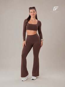 Plain Zero-Transparency Polyamide Flare Long Sleeve Fitness Gym Set - Rust Brown - View 2