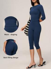 TimeOff Women's One Set Solid Color Round Neck Mid-Sleeve T-Shirt High Waist Mid-Length Pants Sports Set - Navy Blue - View 11