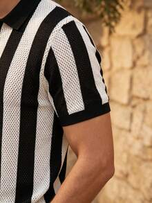 ALTZTAR Hollow Out Breathable Striped Knit Polo Shirt For Men - Black - View 5