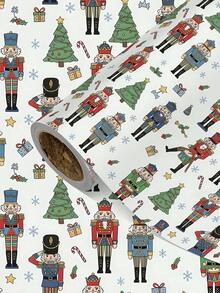 2/1 Roll Of Christmas Gift Wrapping Paper Featuring Nutcracker Soldier And Christmas Tree Patterns; Made Of Coated Paper; Dimensions: 43 Cm X 300 Cm; Suitable For Wrapping Christmas Gifts, Decorating For Christmas Parties, And Holiday Gift-Giving. - A - View 1