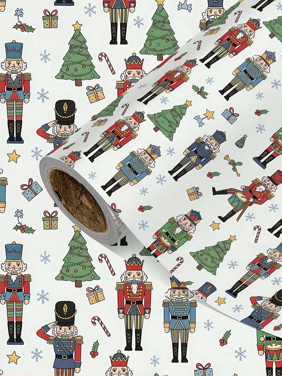 2/1 Roll Of Christmas Gift Wrapping Paper Featuring Nutcracker Soldier And Christmas Tree Patterns; Made Of Coated Paper; Dimensions: 43 Cm X 300 Cm; Suitable For Wrapping Christmas Gifts, Decorating For Christmas Parties, And Holiday Gift-Giving. - A - View 1