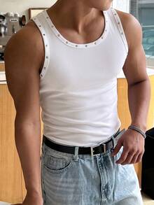 WAIT HIM Men's Sleeveless Ribbed Tank Top, Metal Rivet Decor On Neckline And Armholes, Classic Crew Neck, Casual Summer Essential - White - View 6