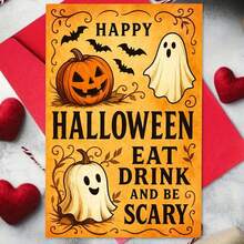 1 Grußkarte + 1 Umschlag Gruselige Halloween Grußkarte, Kürbis und Geist Design "Essen, Trinken und Gruselig sein", perfekt für Freunde, Halloween Festlicher Vintage Stil. - Übersicht 9