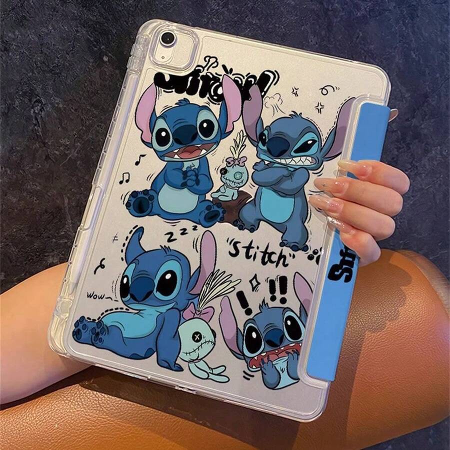 Disney Stitch 平板保護殼，多折疊支架，翻蓋設計，藍牙觸控筆插槽，正反面印有 Stitch 卡通角色，防震防摔，多種折疊方式提供不同觀看角度，藝術設計，適用於 iPad/Air/Pro 機型