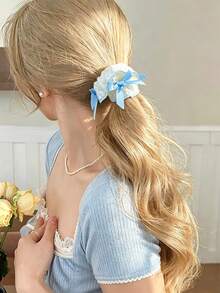 14/7pcs Women's Floral Print Lace Trim Scrunchies, Pink Hair Ties, Blue Hair Ties, Bow Ribbon Hair Ties, High Elasticity, Sweet And Cute Style, Suitable For Daily Hairstyles, Women's Hair Accessories. Perfect For Casual Wear, Shopping, Campus, Dating, Party, Travel And Vacation. Great For Photo Atmosphere. - Multicolor - View 6