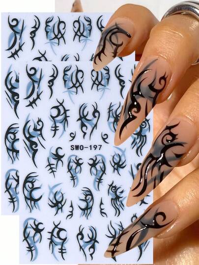 SWEET TREND 5D Y2K Line Nail Art Stickers 2pcs Black Gradient Irregular Gothic Stripe Line Design DIY Dark Style Self-Adhesive Decals Slider Nail Decoration Nail Supplies For Women And Girls Home And Salon Nail Design