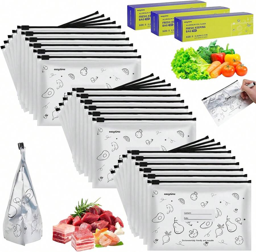 30pcs Reusable Aluminum Freezer Bags Leak Proof Stand Up Foil Storage Pouches With Zip Lock Labels For Food Preservation Small - Small Pint Bags - View 1
