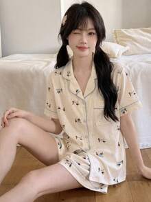 2件套女士波点纹理翻领睡衣，纽扣休闲短袖短裤睡衣套装，适合春夏穿着 - 杏色 - 查看 1
