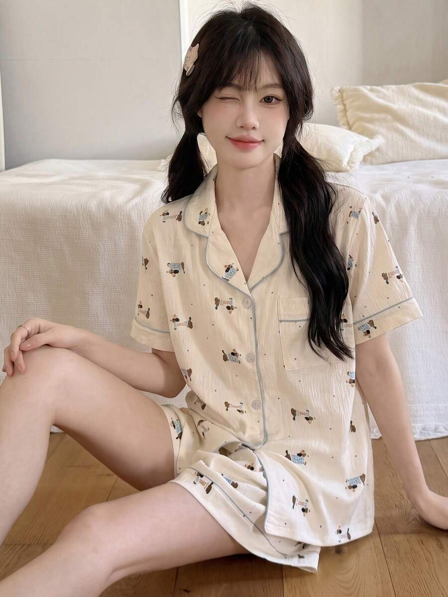2件套女士波点纹理翻领睡衣,纽扣休闲短袖短裤睡衣套装,适合春夏穿着 - 杏色 - 查看 1
