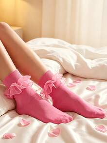 1/3 Pairs Women's Socks With Pleated Cuffs And Double Lace - Multicolor - View 3
