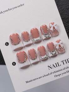 10pcs Duck Mouth Style Handmade Press-On Nail Set, Includes Nail Art Tools, Nude Base With White French Tips, Decorated With AB Rhinestones And 3D White Bows, Glossy Pointed Nails, Suitable For Sweet Dates, Office Commute And Casual Daily Outings - Multicolor - View 1