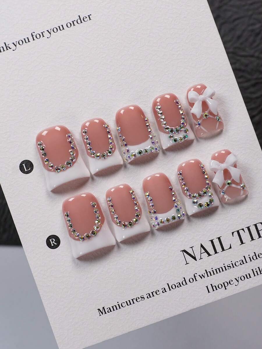 10pcs Duck Mouth Style Handmade Press-On Nail Set, Includes Nail Art Tools, Nude Base With White French Tips, Decorated With AB Rhinestones And 3D White Bows, Glossy Pointed Nails, Suitable For Sweet Dates, Office Commute And Casual Daily Outings - Multicolor - View 1