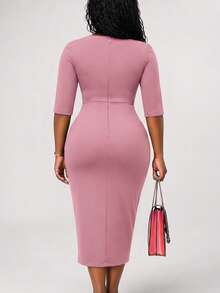 NOU Women's Mid-Length Pleated Dress With Waist Sash Decor, Formal Church Attire, Elegant Workwear, Fashion Green Solid Color Pleated Midi Dress, Wais - Pink - View 5
