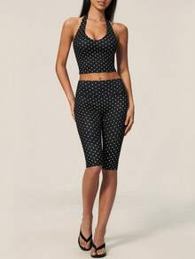 TimeOff Women's One Set Polka Dot Halter V-Neck Backless Tank Top & Bermuda Shorts Sports Set - Black - View 7